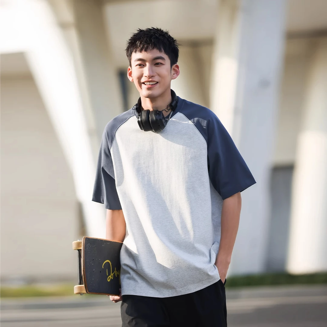 VR97纯棉日系少年感短袖T恤男春夏新款300G重磅撞色插肩袖上衣潮