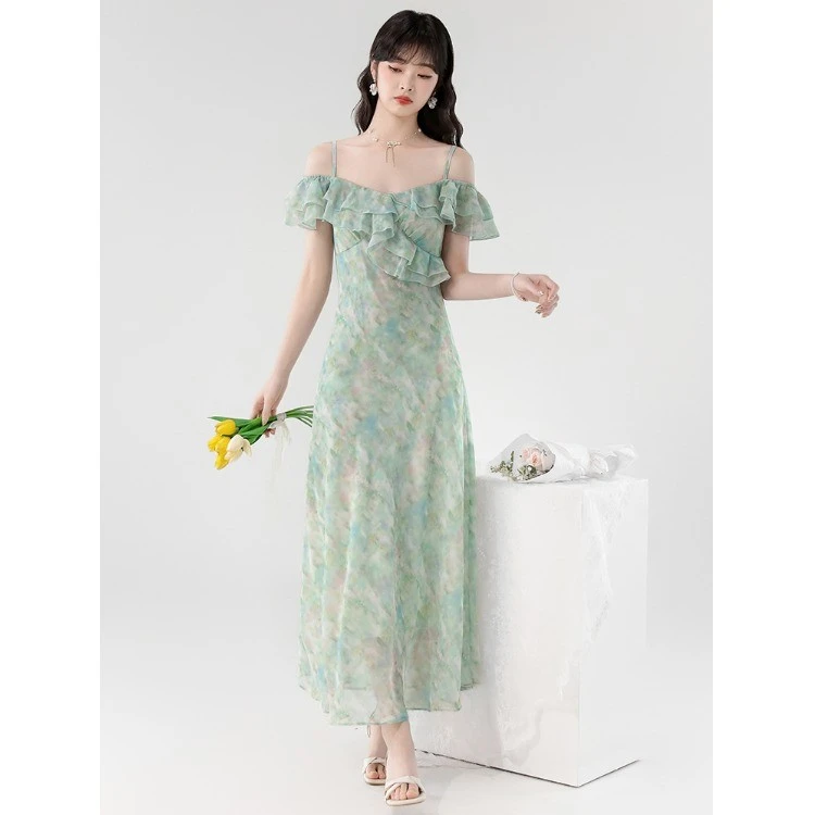 法式时尚一字肩气质连衣裙女2025年夏装新款日常年轻款仙女初恋裙