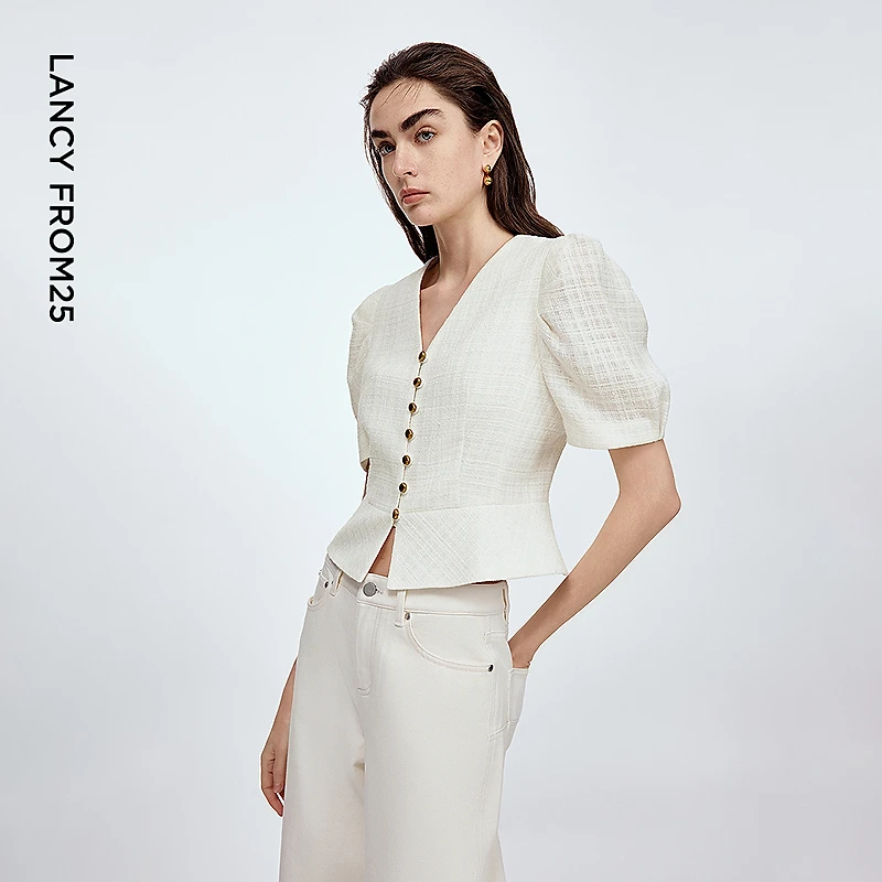 朗姿小香风v领泡泡袖收腰短袖黑色米白色气质衬衫2025年秋季新款