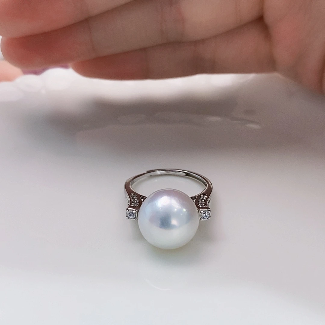 银S925镶嵌特价极光澳白戒指12.3mm海水珍珠