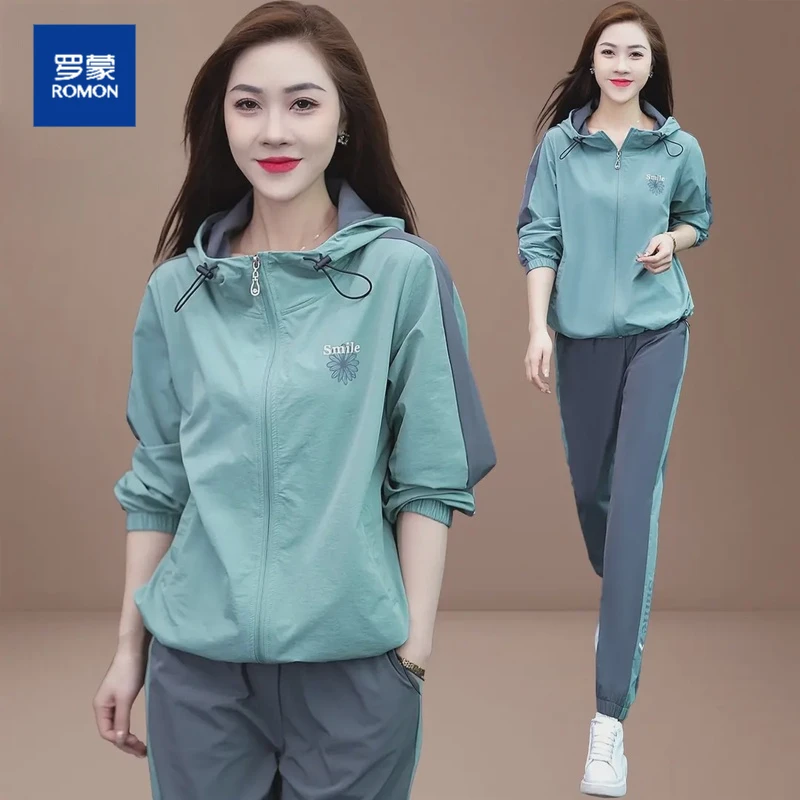 罗蒙运动套装女2025新款春秋时尚跑步服大码气质束脚连帽两件套