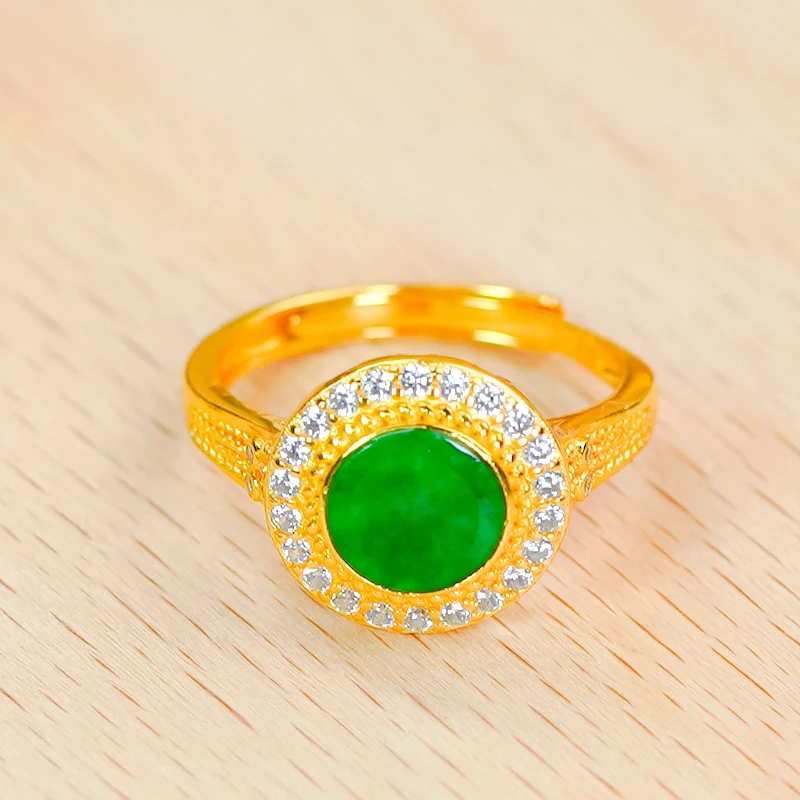 精致银镶嵌天然满绿翡翠A货龙石小圆牌戒指（金色）