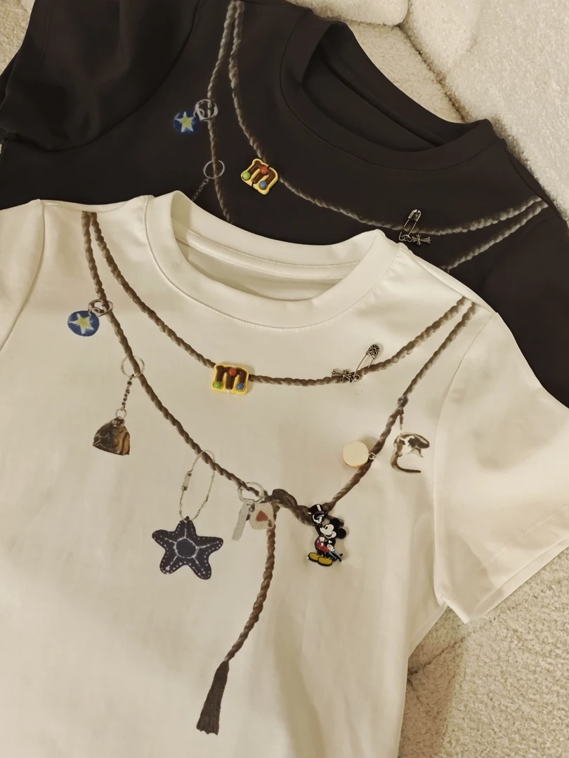 【Luu】T9486时尚潮流减龄重工串珠圆领短袖T恤百搭休闲上衣