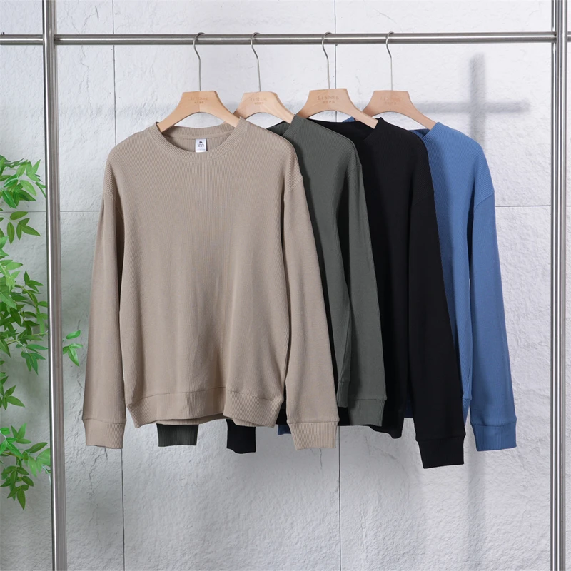 100棉秋季华夫格男士简约舒适长袖T恤百搭休闲套头卫衣HFG2263