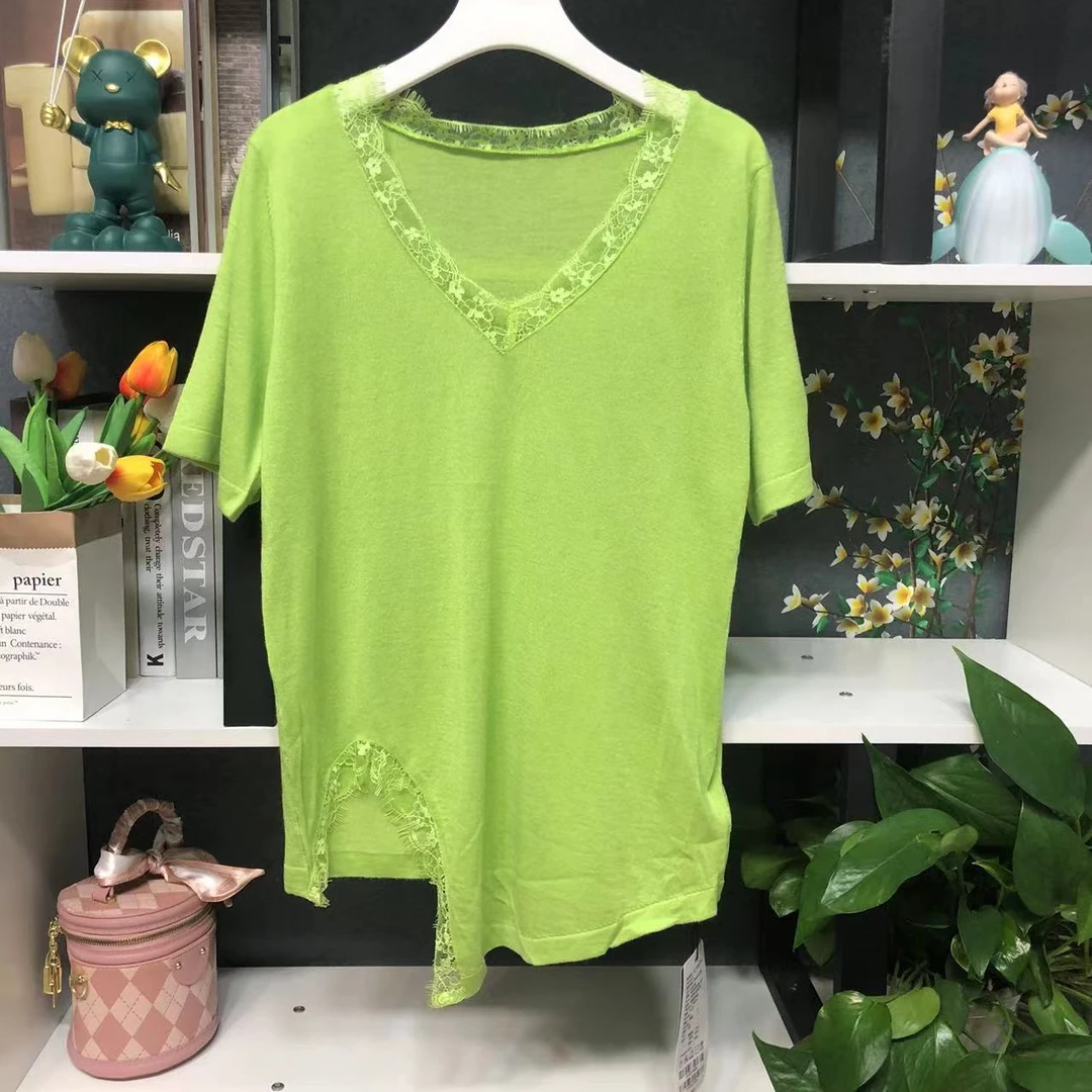 B45111【品牌撤柜】时尚绿色V领拼接边不规则上衣
