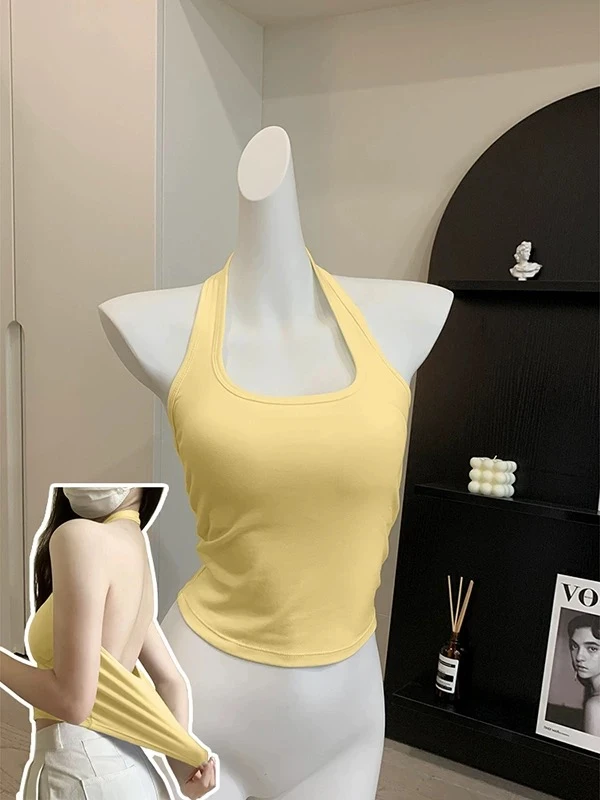 纯棉韩系纯欲风辣妹挂脖吊带背心女显瘦修身U领小众chic上衣短款