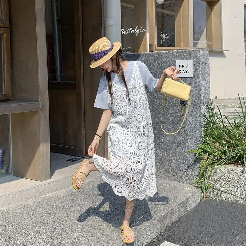 韩版慵懒风连衣裙套装女夏季2025年新款镂空钩花罩衫T恤裙两件套