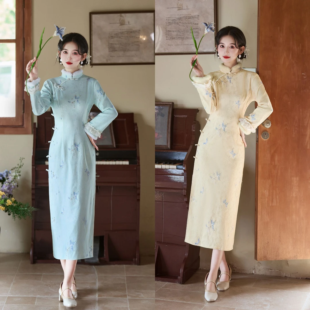 风清余【暖雪】冬季新款刺绣棉锦复绒国风改良双色保暖旗袍 衣长120