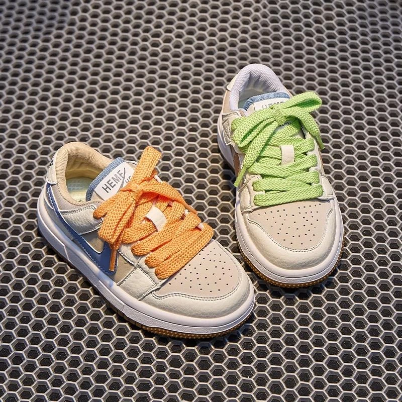 巴拉AJ儿童真皮低帮鸳鸯板鞋春秋女童透气休闲男童运动小白鞋