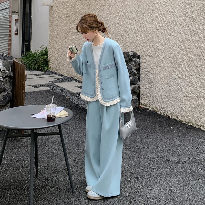 韩系假两件设计感蓝色套装女2025春新款复古气质显瘦阔腿裤两件套