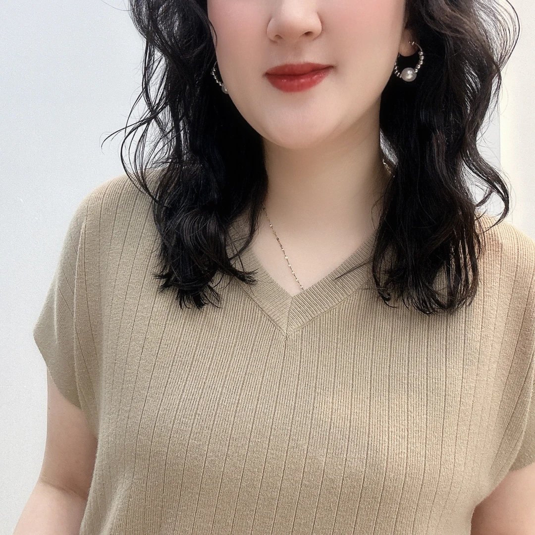 2025新款圆领气质短袖针织T恤女时尚妈妈装宽松显瘦纯色百搭上衣