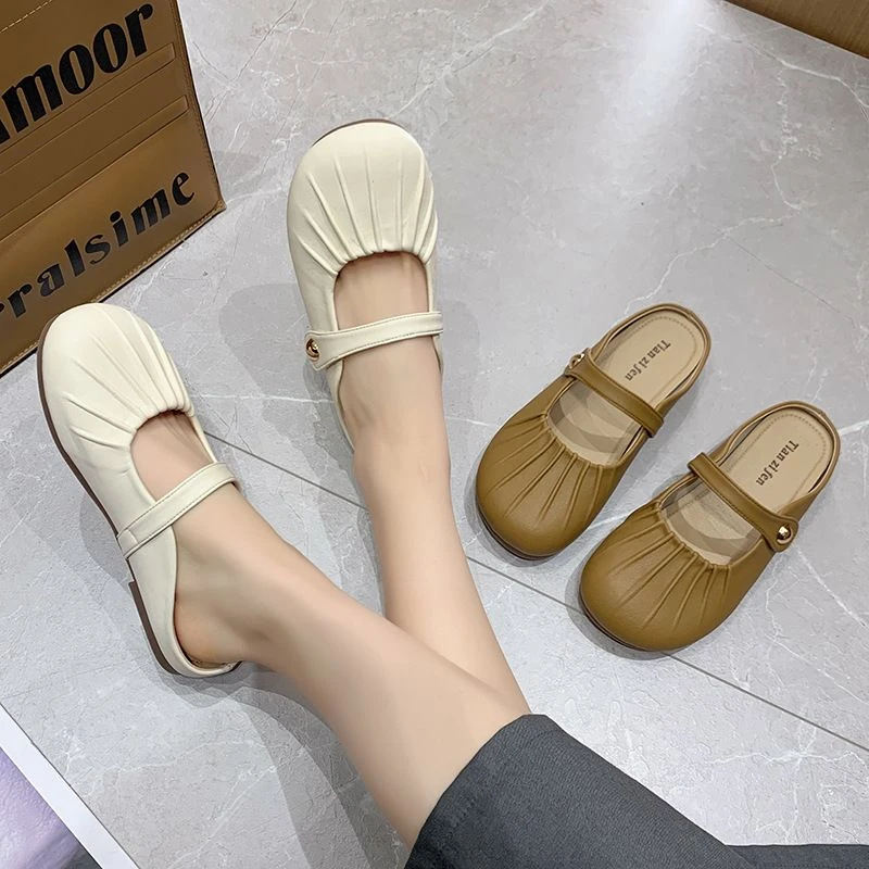 春秋新款法式玛丽珍褶皱女单鞋休闲百搭风侧边小珠子无后跟半拖鞋