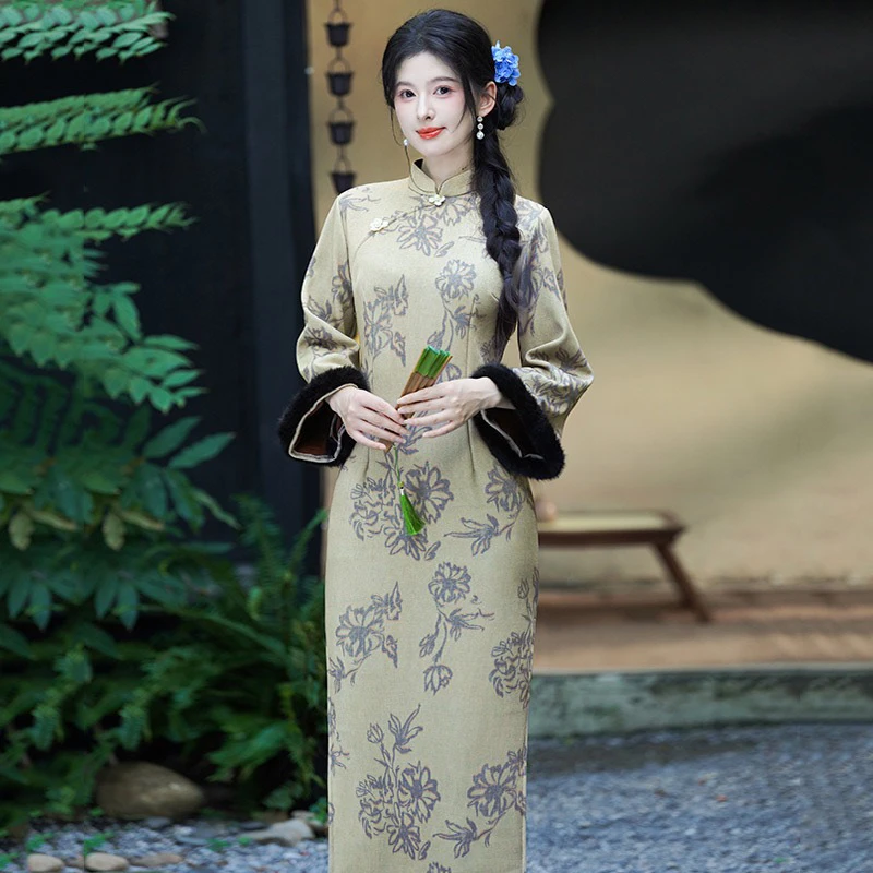 【3057 花中仙 黄色】（加绒加厚）显瘦气质修身优雅复古旗袍