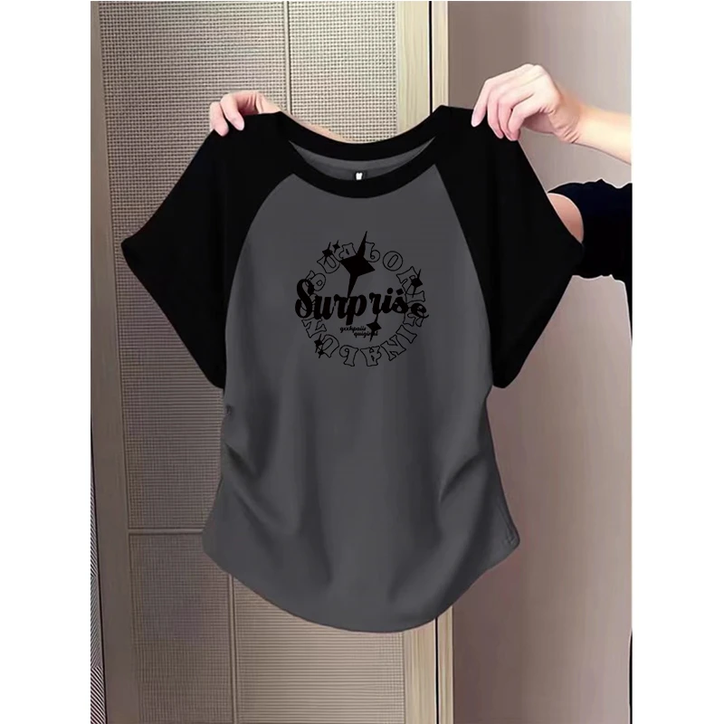 大码胖mm设计感撞色插肩袖短袖T恤女士夏季纯欲风辣妹抽褶上衣ins