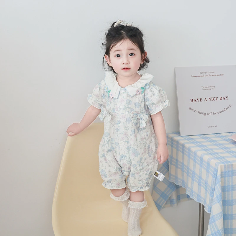 婴儿衣服夏季田园风女宝宝哈衣短袖薄款童装连体衣前开新生儿爬服