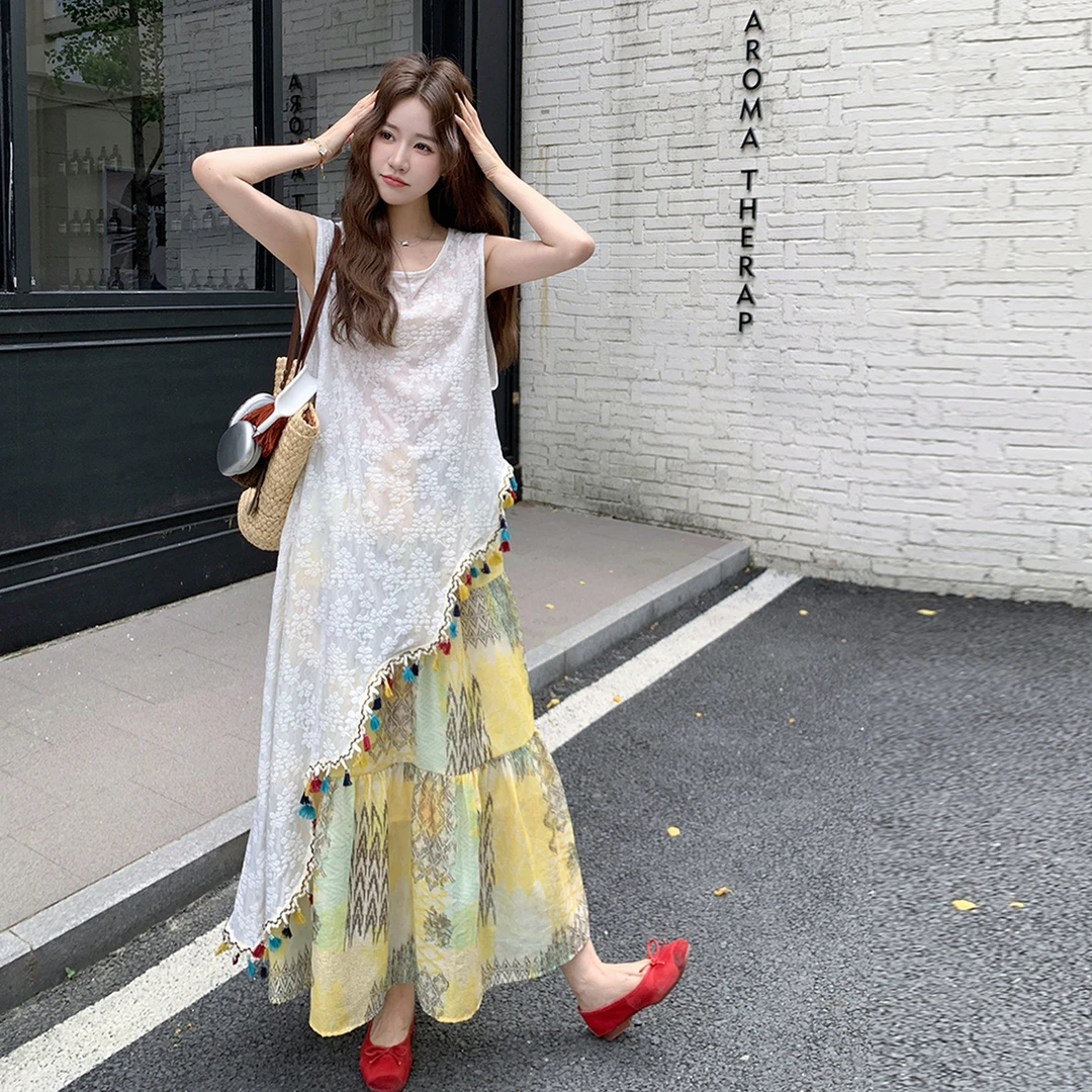 文艺复古气质套装裙女夏季2025新款彩色流苏蕾丝罩衫半身裙两件套