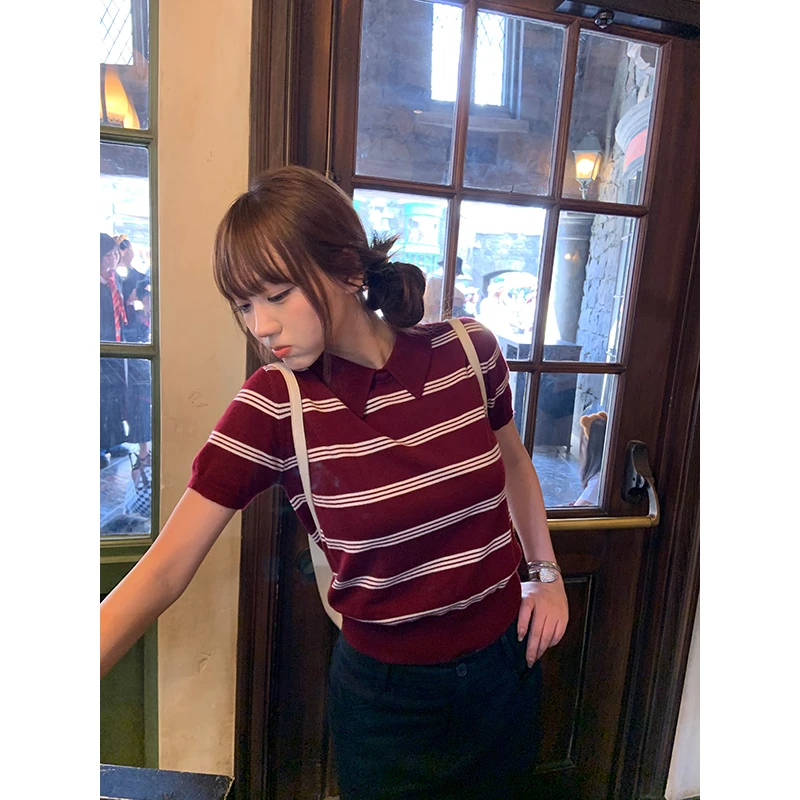 王少女的店 红色条纹polo翻领毛衣夏季休闲时尚通勤上衣M35078S52