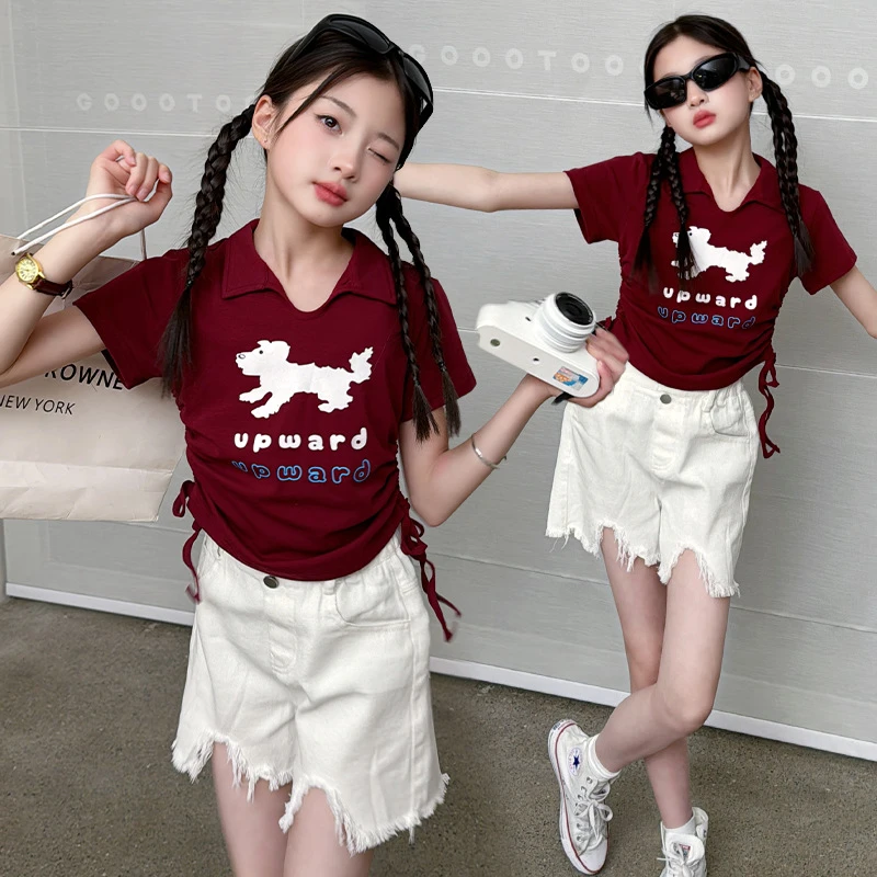 女童套装夏季短袖甜酷洋气儿童夏装短款T恤抽绳女大童短裤两件套