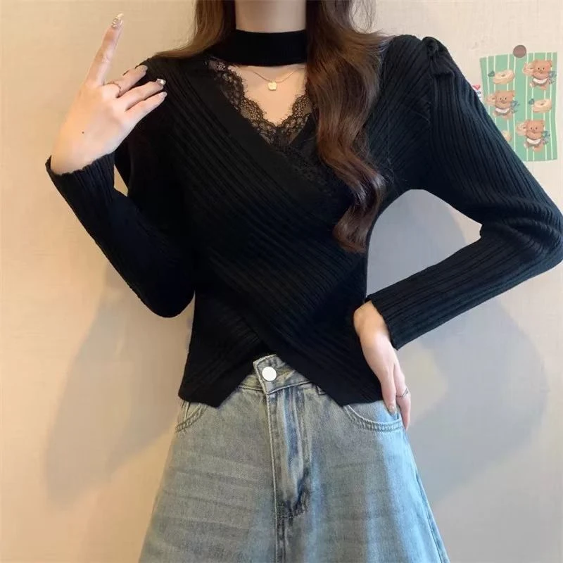 美9761#法式蕾丝花边v领针织衫女新款修身显瘦交叉打底挂脖毛衣