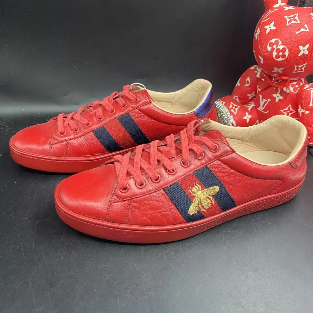 95新 GUCCI/古驰 红色ACE烫金小蜜蜂板鞋42欧码los096