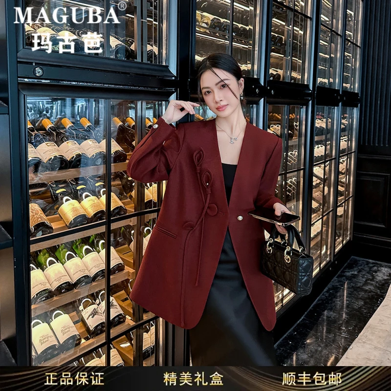 玛古芭女装立体花卉红色新款西装外套女时尚休闲宽松气质西服上衣