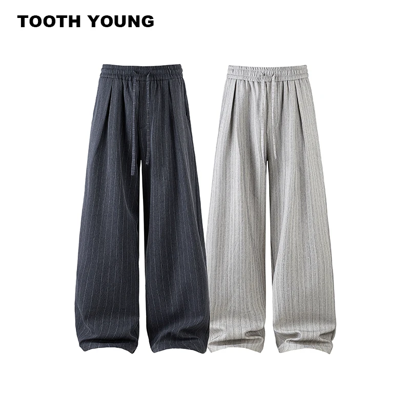 TOOTH YOUNG【斯坦福西裤】松紧腰抽绳秋冬男加绒宽松条纹休闲裤
