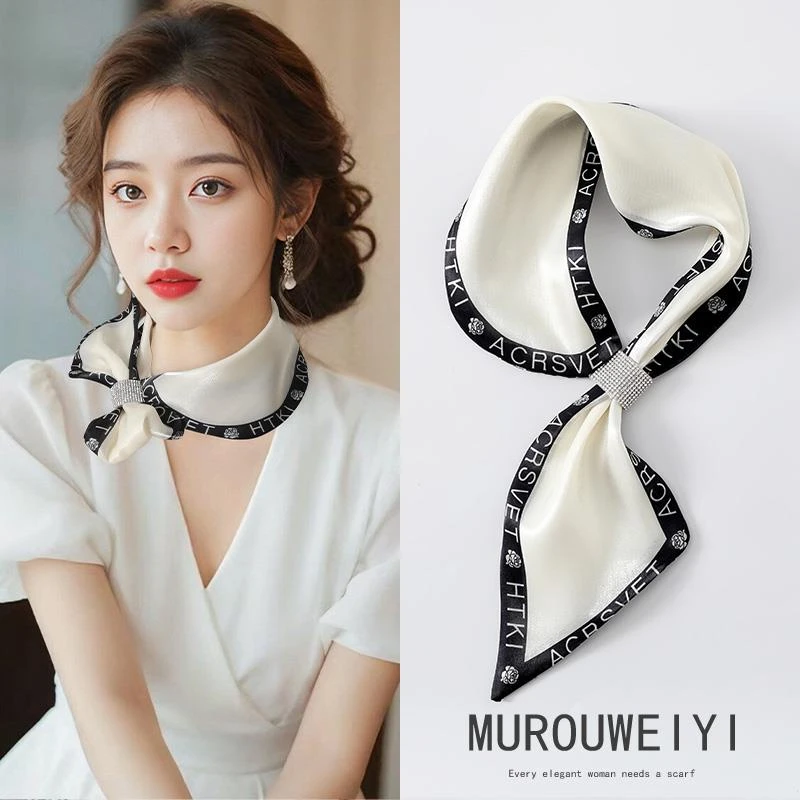长条小丝巾女春秋薄款气质百搭装饰懒人穿孔亮钻耳朵巾护颈小领巾