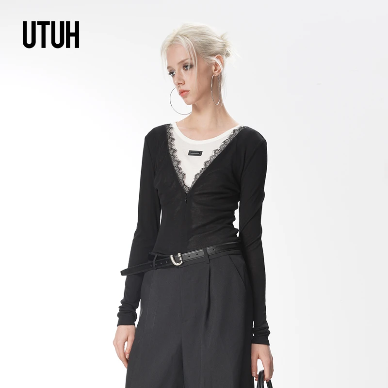 UTUH 黑白拼接天丝羊毛假两件气质高级感修身打底衫女 TLWWS1N005