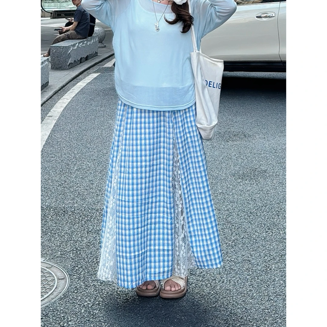 7629春夏季蕾丝花边拼接半身裙松紧腰腰大码女装裙子A字格子裙