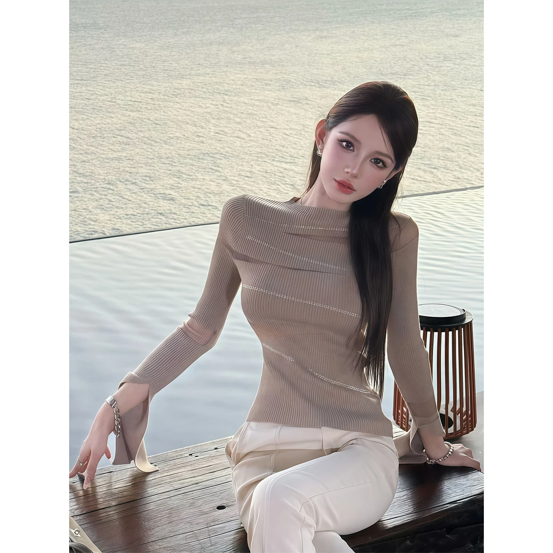 纯欲风网纱拼接烫钻圆领长袖针织衫女秋冬修身显瘦小众设计感上衣