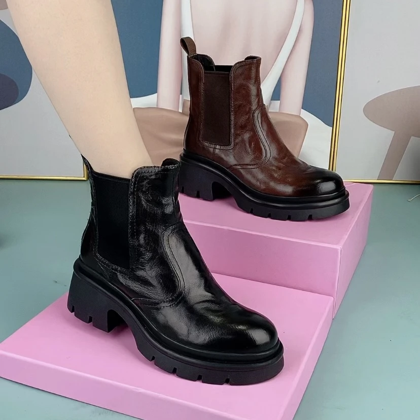 80415-1真皮百搭女靴时尚牛皮尖圆头粗跟厚底一脚蹬休闲马丁靴