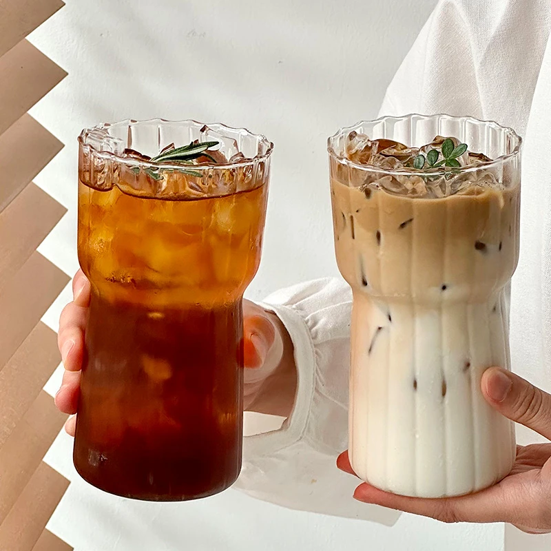 复古小众轻奢韩式竖条纹耐热玻璃杯牛奶杯果汁气泡杯冰美式拿铁杯