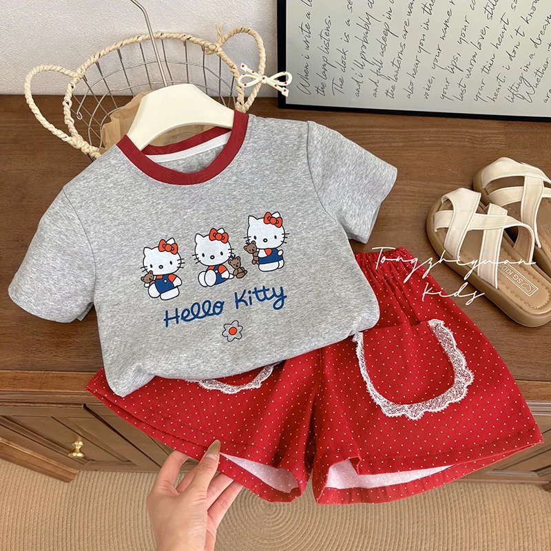 女童夏季新款红色Kt猫套装女宝宝休闲时尚款式洋气品质童装欧若风
