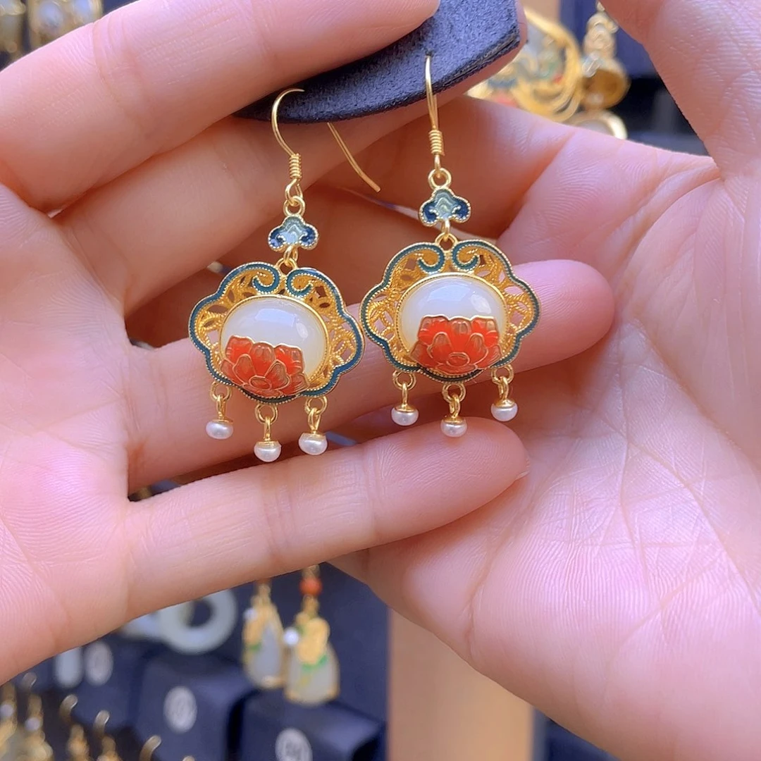 和田玉耳饰银S925镀金镶嵌