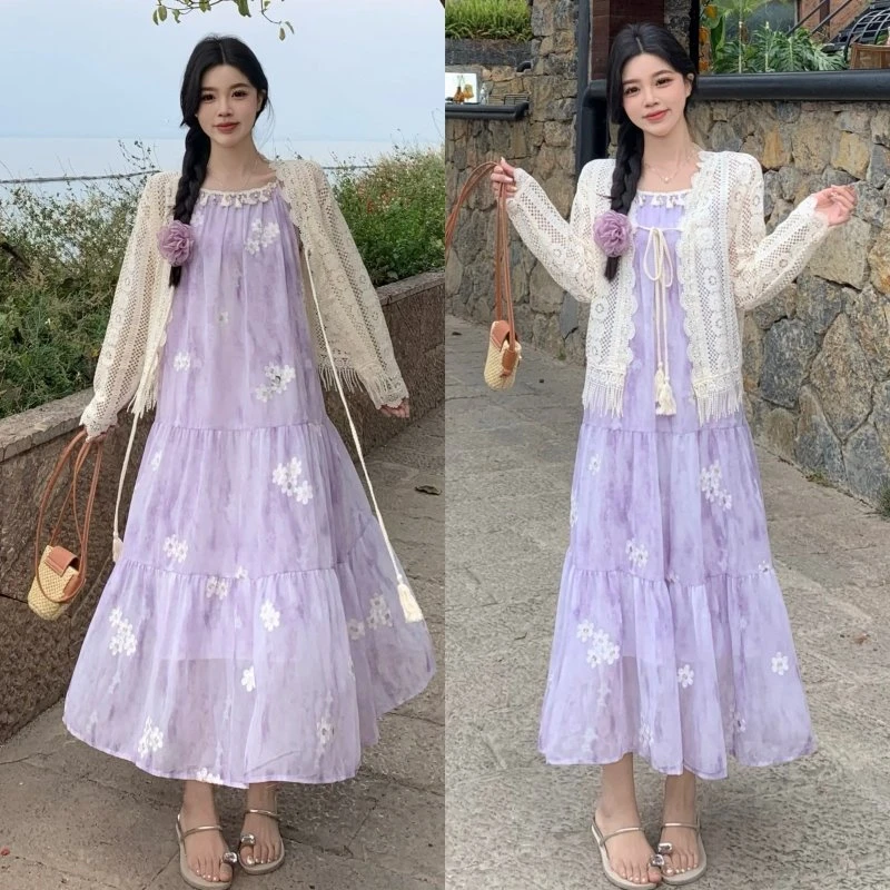 孕妇夏季连衣裙套装2025新款宽松紫色绣花吊带裙+蕾丝开衫两件套