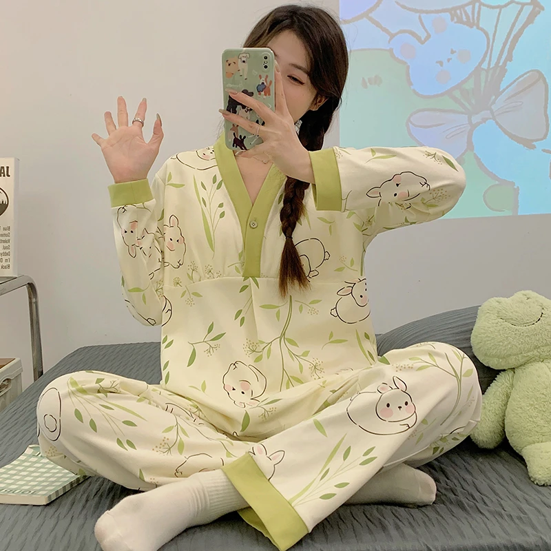 月子服带胸垫夏季薄款5-6月份纯棉产后哺乳孕妇睡衣春夏产妇套装