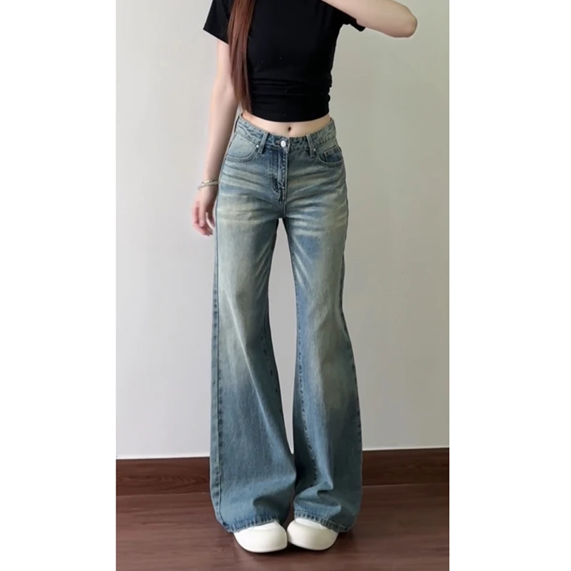 美式复古蓝低腰牛仔裤女秋季新款小个子显瘦不贴腿直筒拖地微喇裤