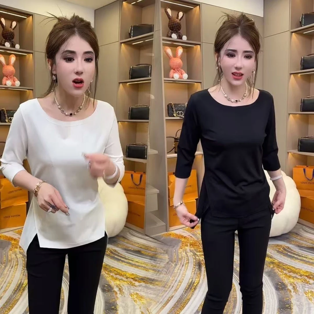 百搭显瘦纯色中袖七分春夏新款洋气时尚不规则圆领开叉设计款上衣