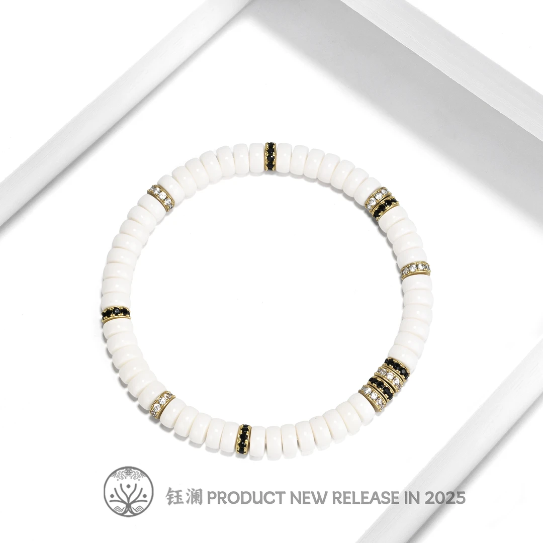 钰澜文玩驼骨老白料药片手串6mm-黑白满钻隔片搭配款