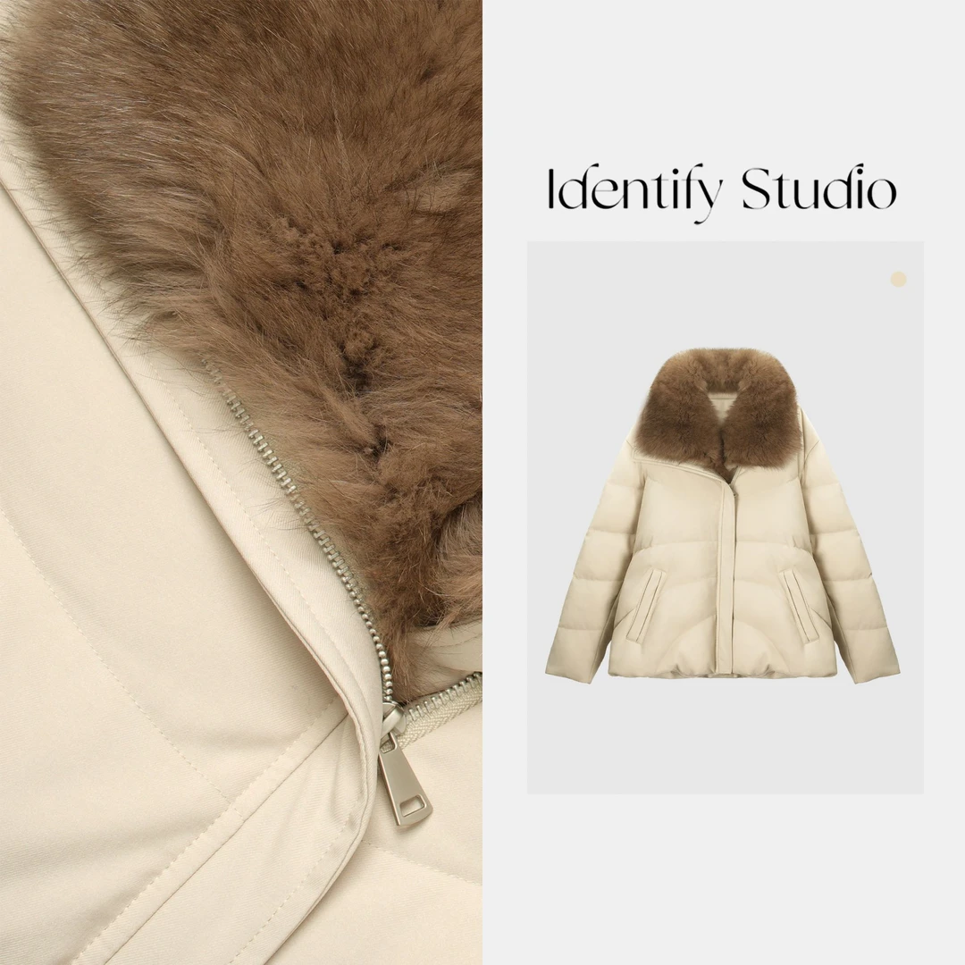 IDENTIFY冬季狐狸毛皮翻领拼接腰带收腰设计羽绒外套25AWG120129