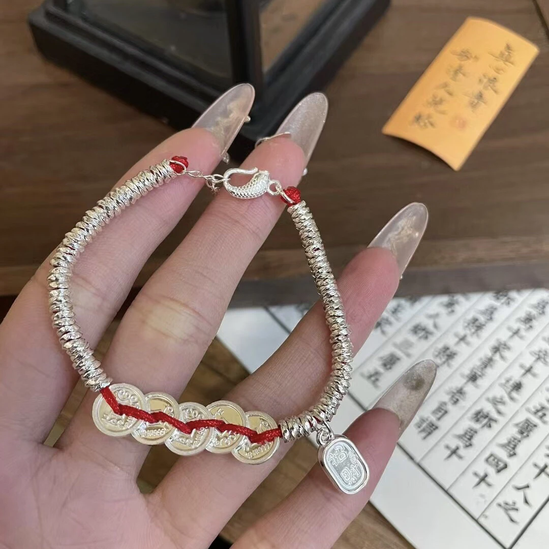 足银布艺手链 999足银实心五帝钱葫芦平安盘缠鱼钩手工编织女手链
