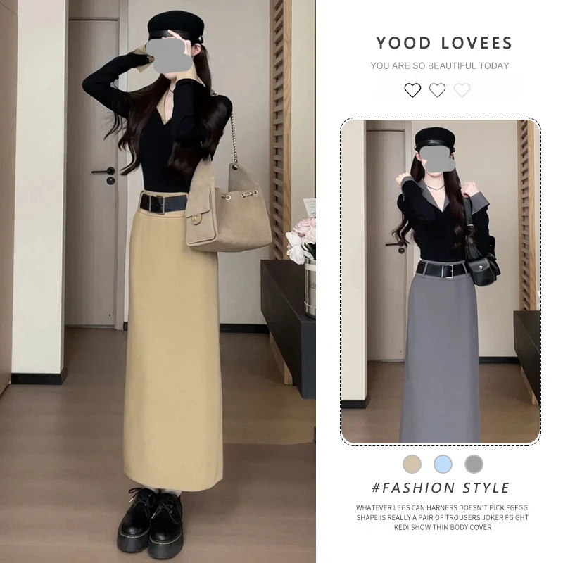2025春秋新款设计感套装裙女黑色假两件V领上衣直筒半身裙两件套