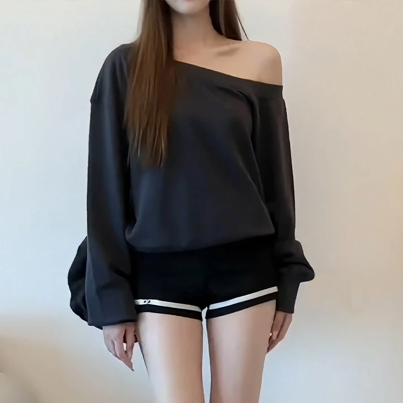 【8031桃】灰色慵懒风斜肩长袖卫衣女款大码微胖宽松设计感休闲上衣
