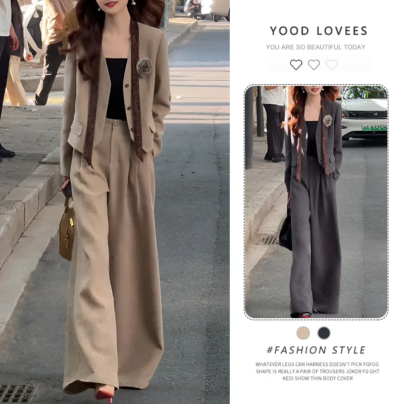 2025春秋新款洋气显瘦西装外套打底背心时尚领带气质阔腿裤四件套