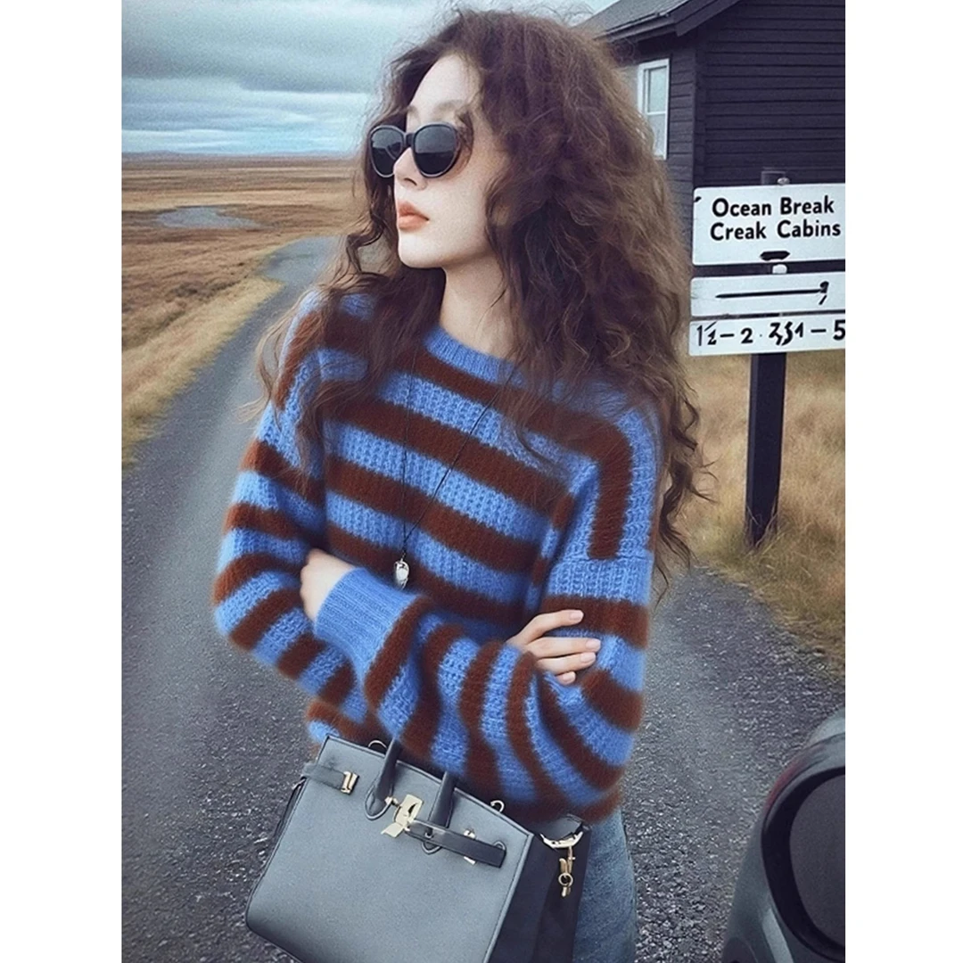 冬季韩系慵懒松弛感上衣独特漂亮时尚洋气小众设计条纹针织衫爆款