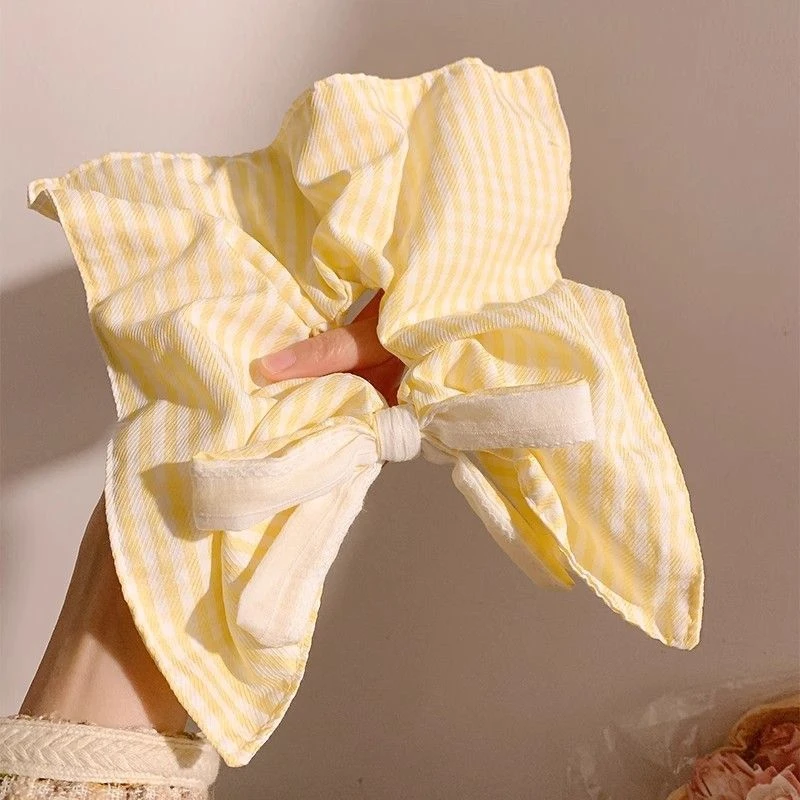 小清新黄色条纹蝴蝶结方巾大肠发圈女高级感扎头发超大方形头绳