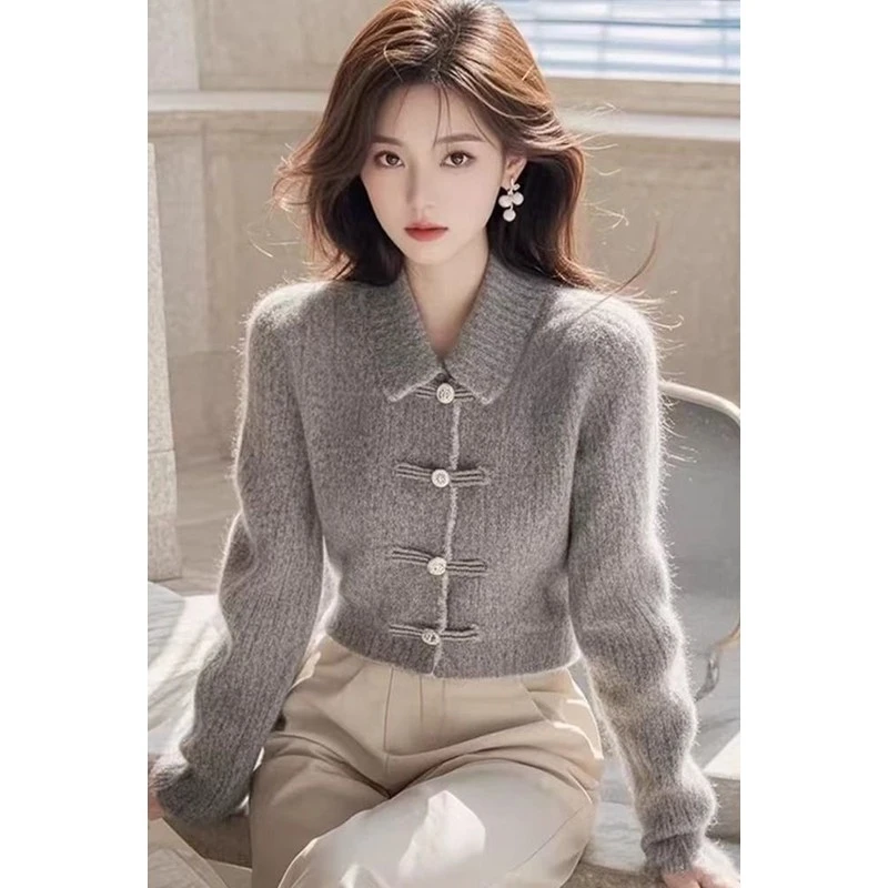 小香风短款新中式灰色针织开衫外套上衣年秋冬颗粒绒大码女装