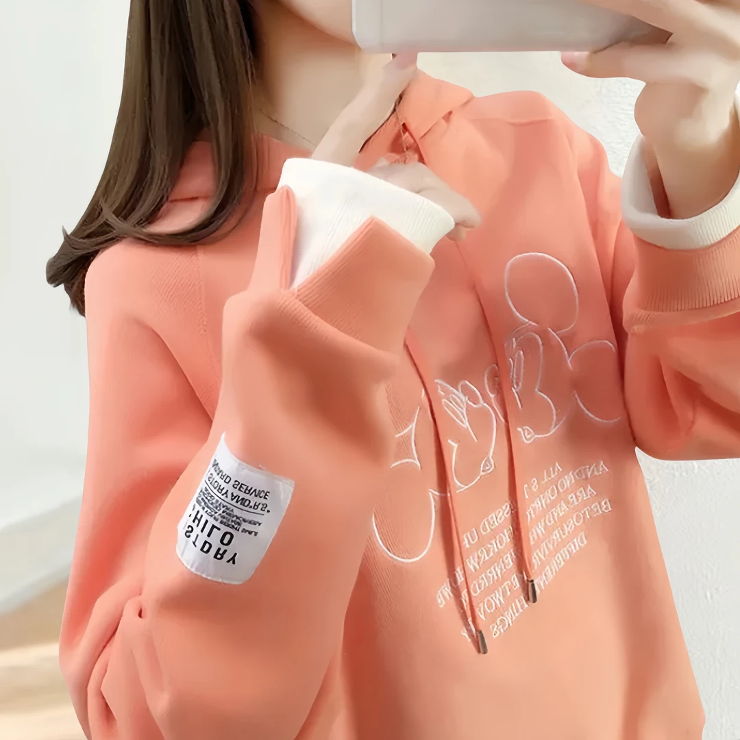 春秋薄款连帽刺绣卫衣女装2024新款宽松上衣韩版学生假两件套外套