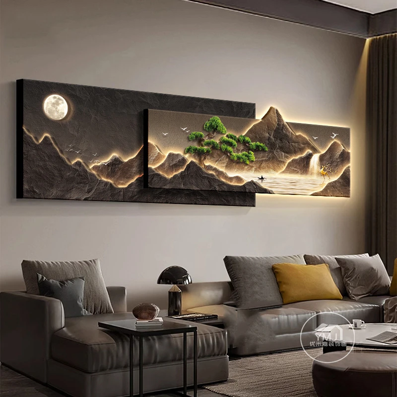 2025新款背有靠山客厅装饰画迎客松轻奢大气感山水壁画背景墙挂画