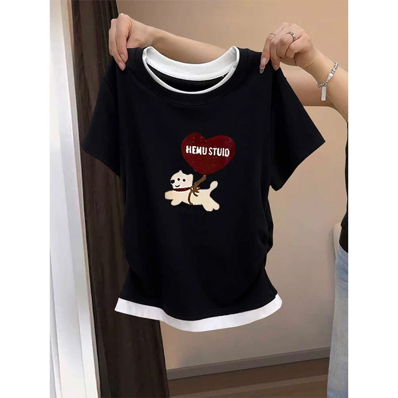 2025新款假两件收腰圆领t恤短袖女春夏季设计感褶皱修身黑色上衣